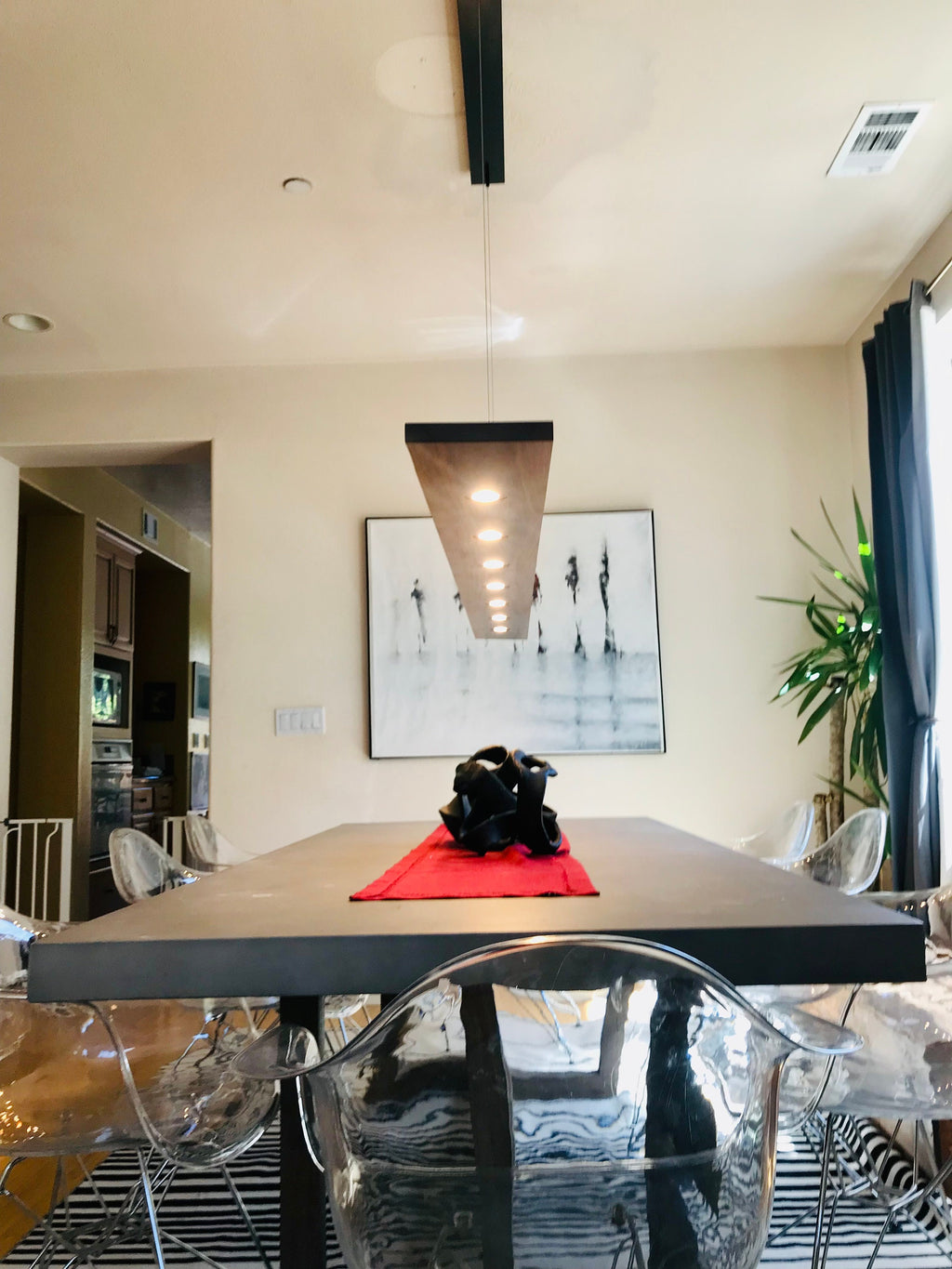 Black Walnut LED Linear Pendant Light: Brushed Aluminum Canopy (9 ft)