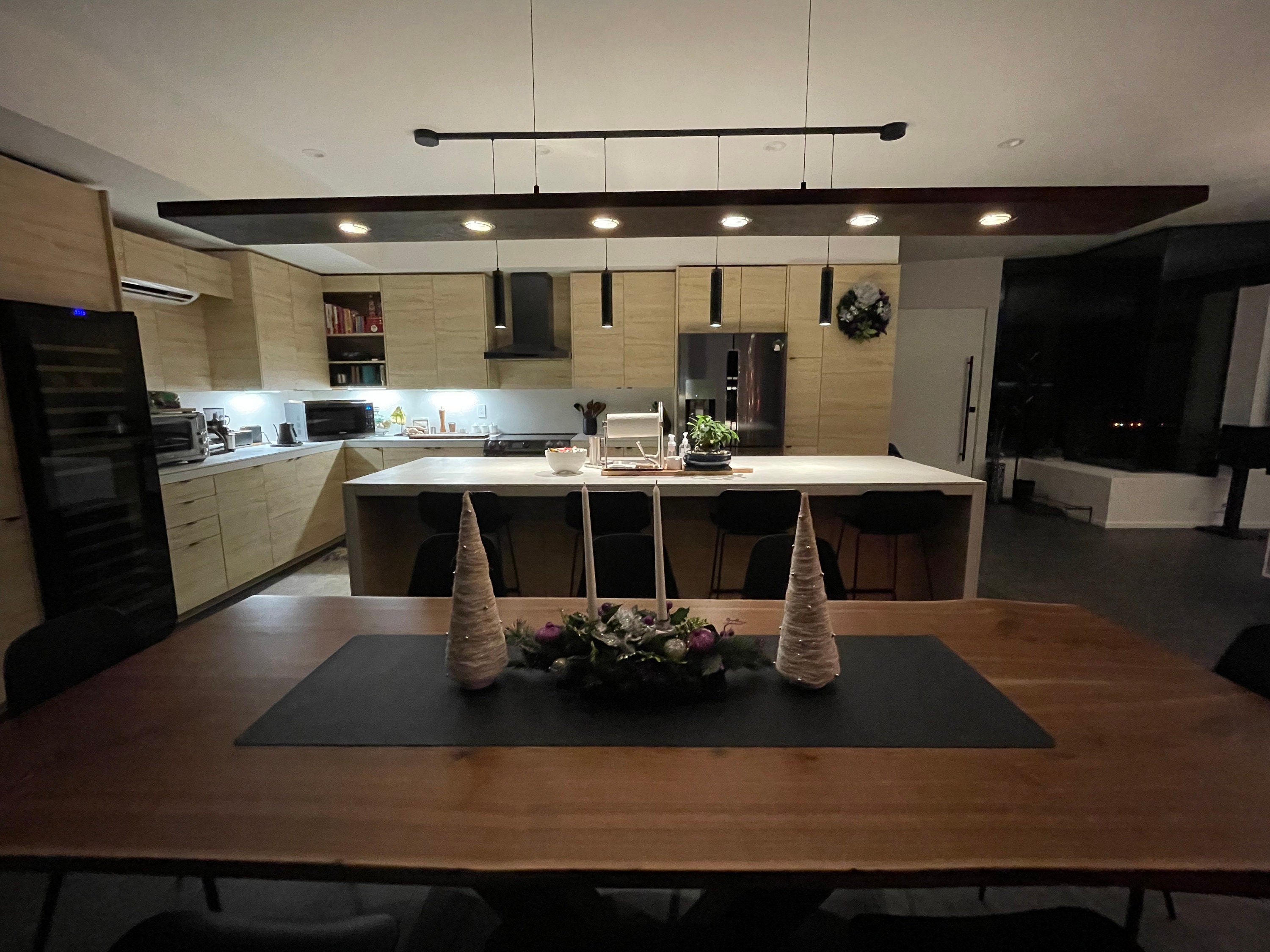 CIX 96 inch linear pendant light in black walnut and brushed aluminum (8-feet long)