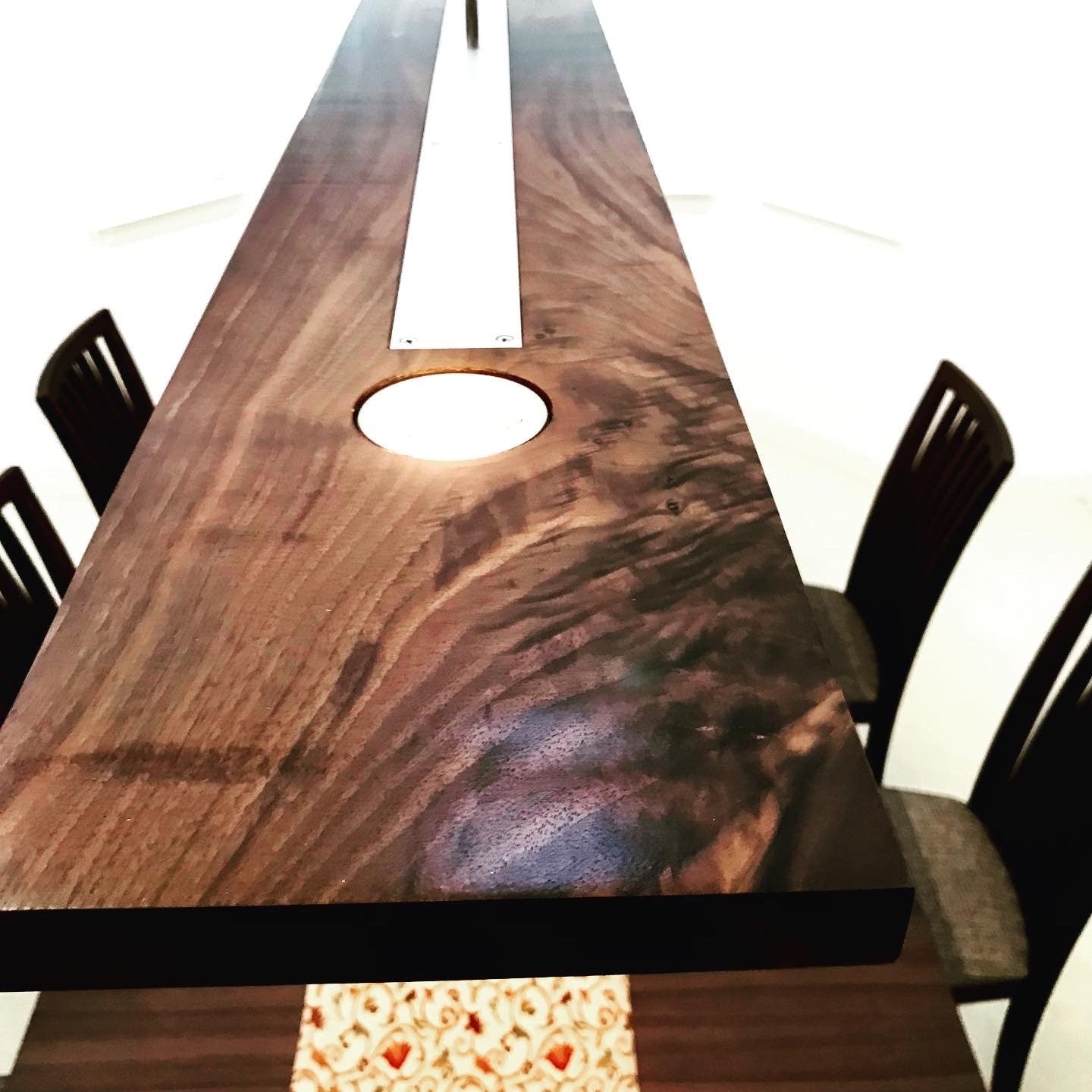 84-inch Linear Suspension Chandelier: Dark Walnut & Aluminum Pendant Light