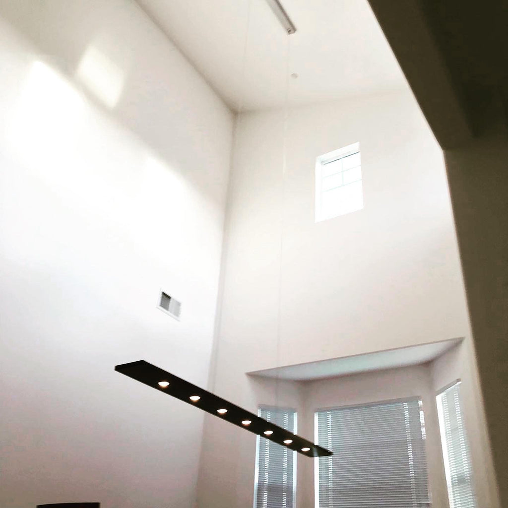 Black Walnut LED Linear Pendant Light: Brushed Aluminum Canopy (9 ft)