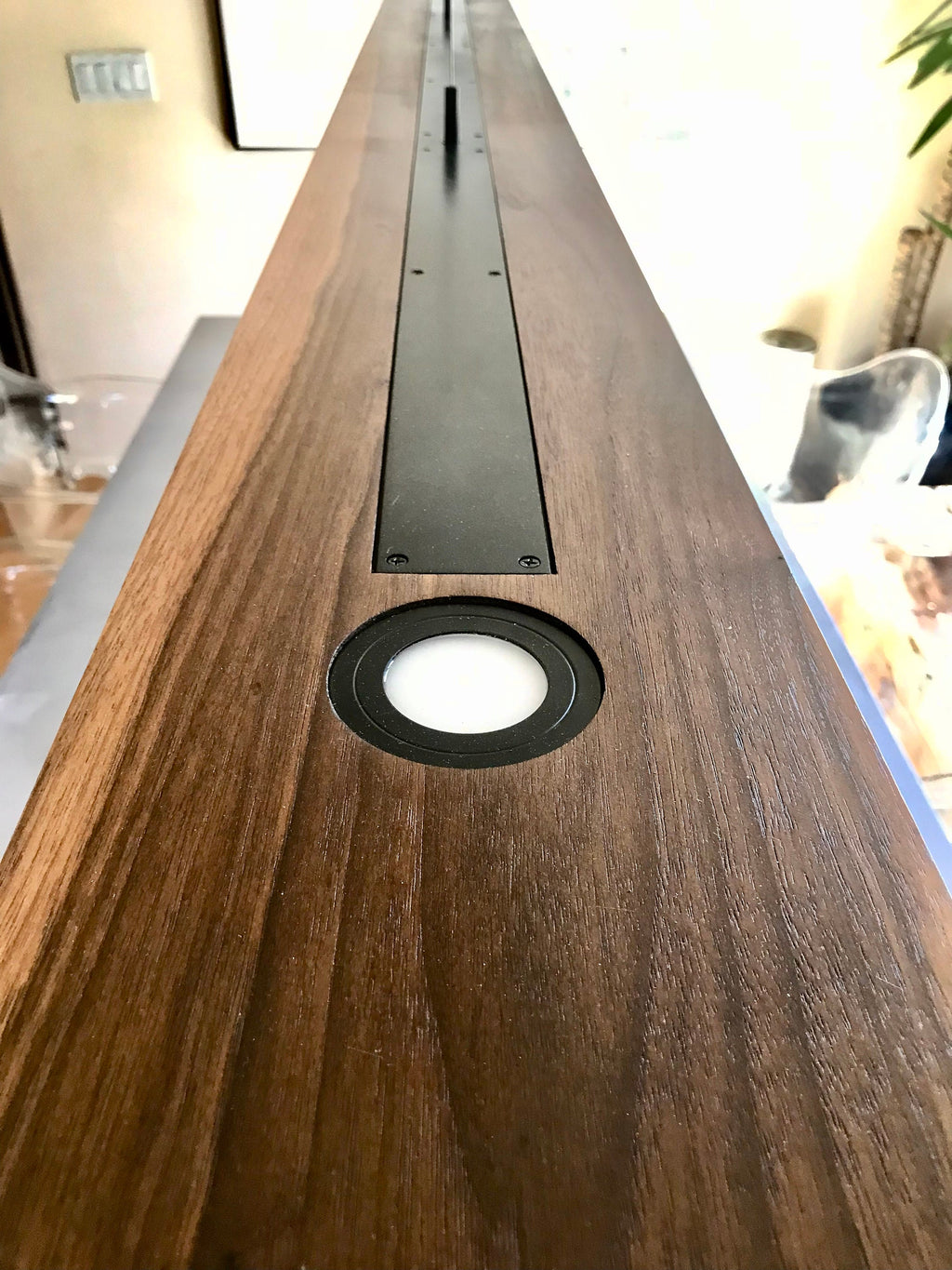 Black Walnut LED Linear Pendant Light: Brushed Aluminum Canopy (9 ft)