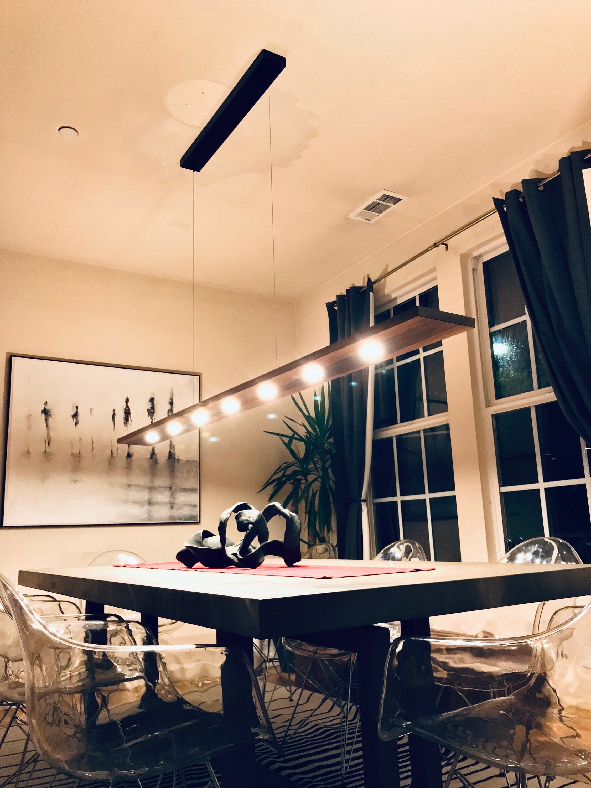 Black Walnut LED Linear Pendant Light: Brushed Aluminum Canopy (9 ft)