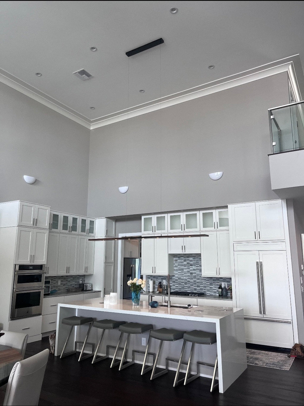 Black Walnut LED Linear Pendant Light: Brushed Aluminum Canopy (9 ft)