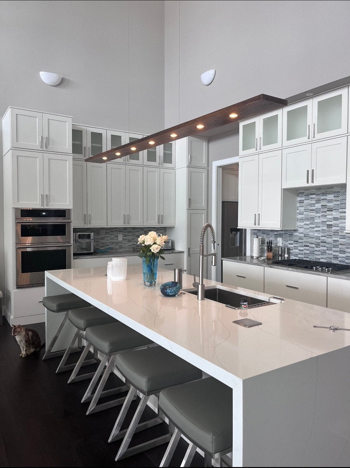 Black Walnut LED Linear Pendant Light: Brushed Aluminum Canopy (9 ft)
