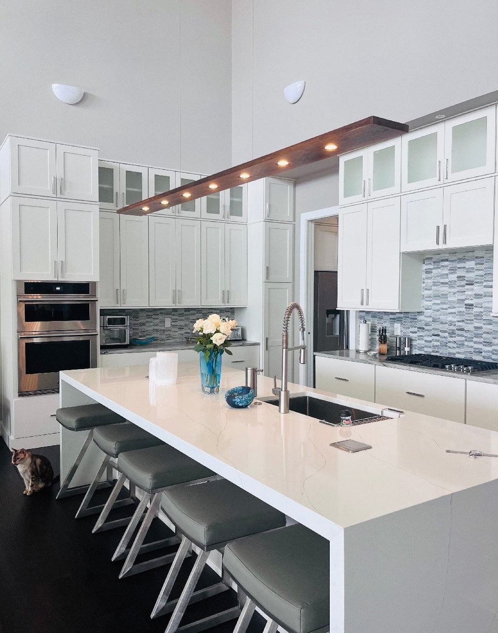 84-inch Linear Suspension Chandelier: Dark Walnut & Aluminum Pendant Light