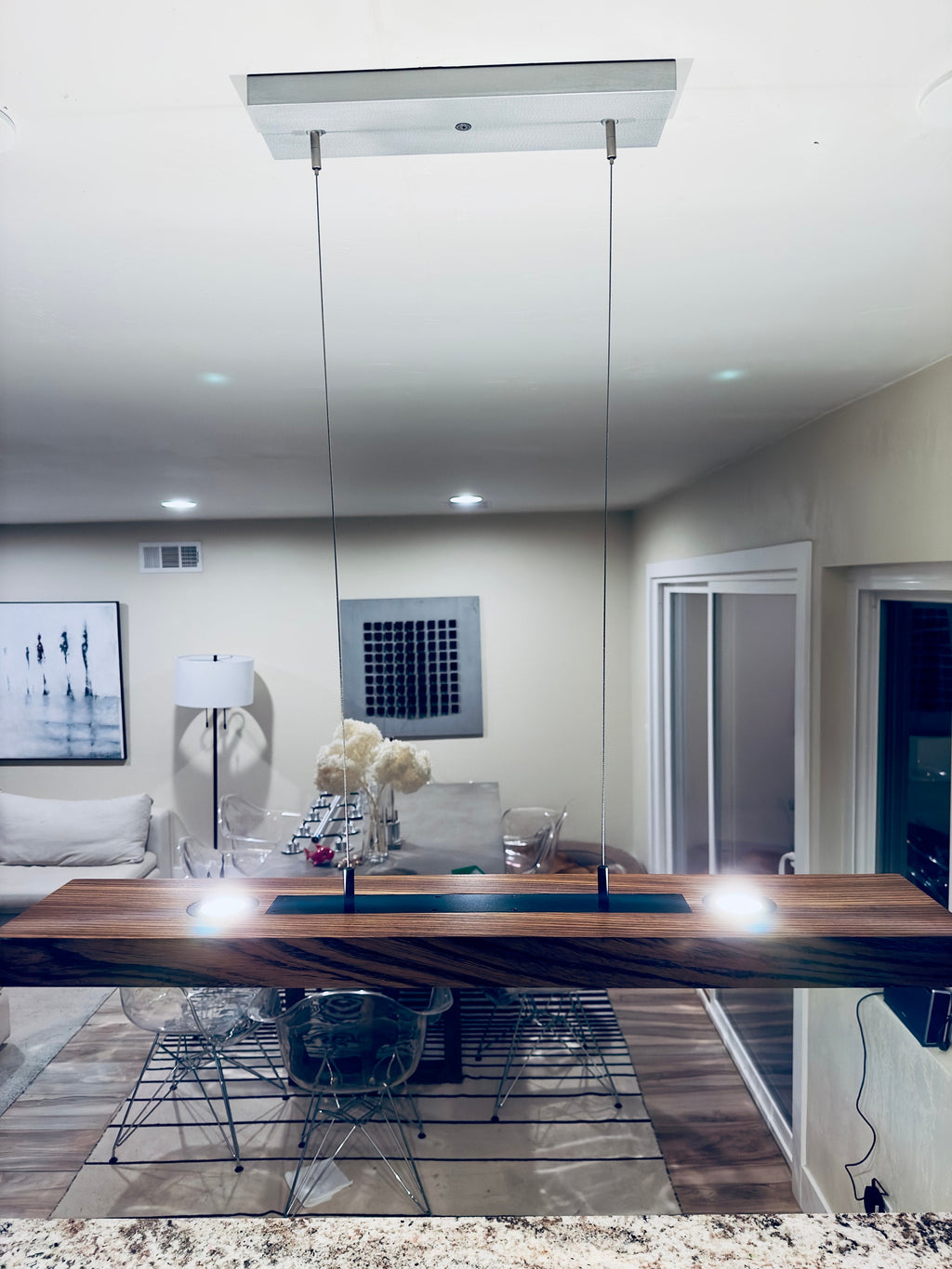 Zebrawood Linear Pendant Chandelier: Dark Patina Modern Suspension Light