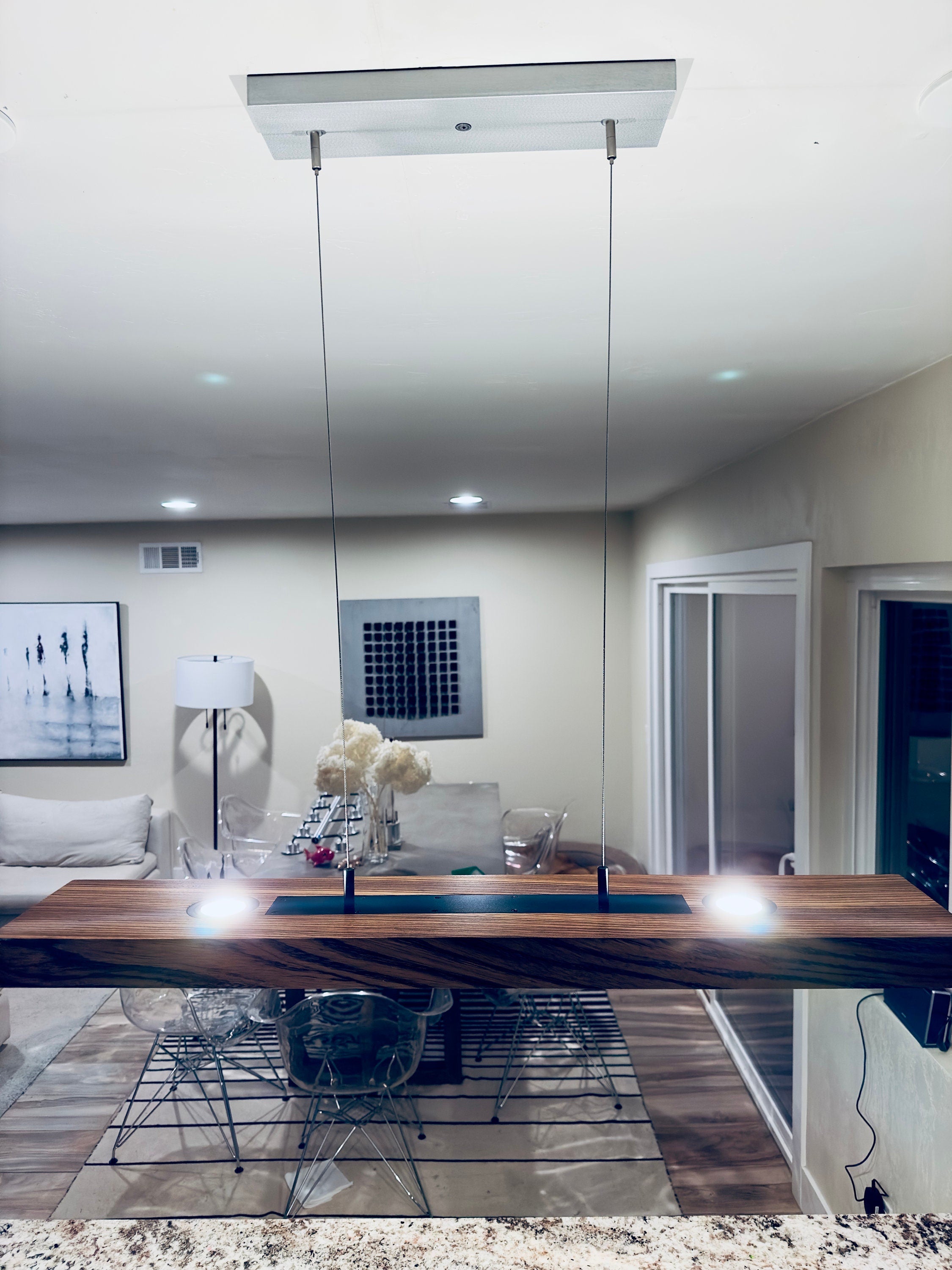 Zebrawood Linear Pendant Chandelier: Dark Patina Modern Suspension Light