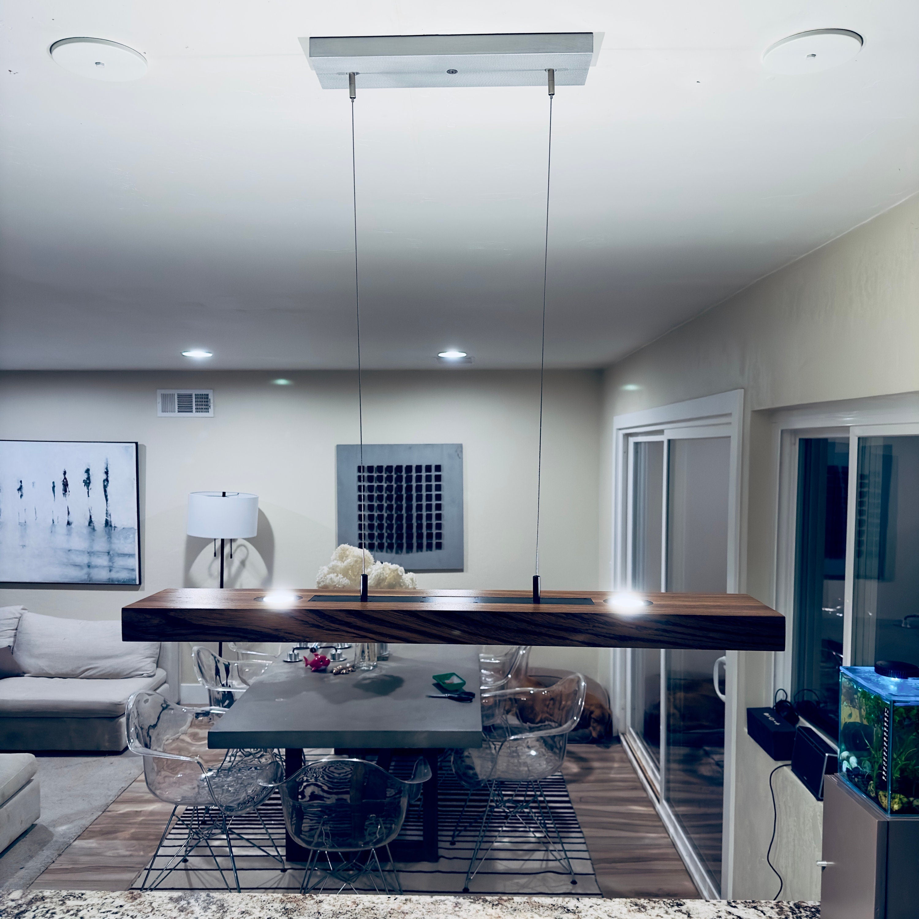 Zebrawood Linear Pendant Chandelier: Dark Patina Modern Suspension Light