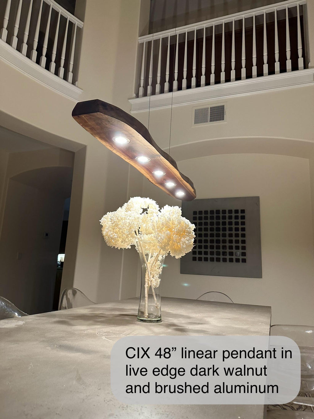 CIX LIVE EDGE linear pendant chandelier in black walnut and brushed aluminum