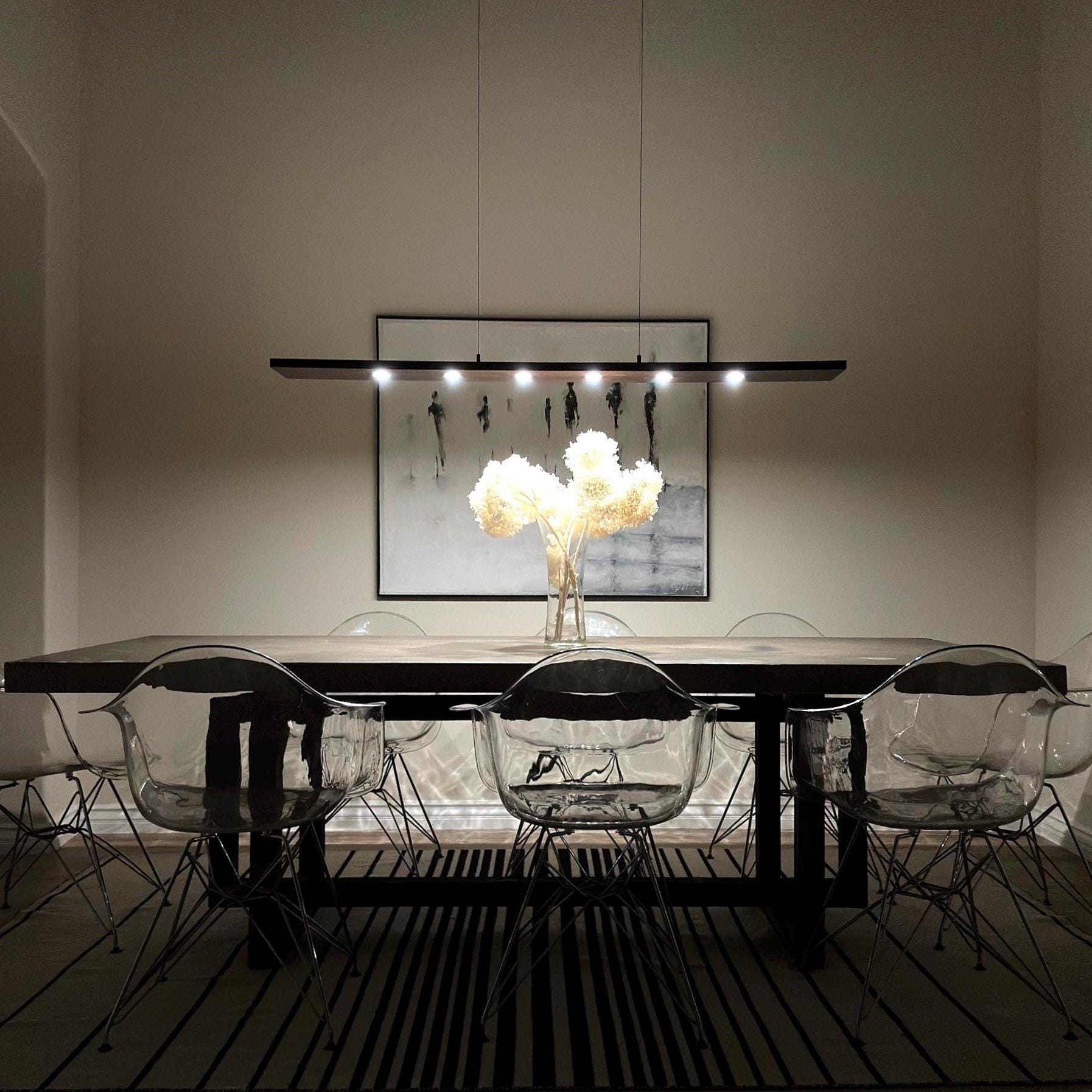 60-inch Linear Suspension Chandelier: Dark Walnut & Aluminum Pendant