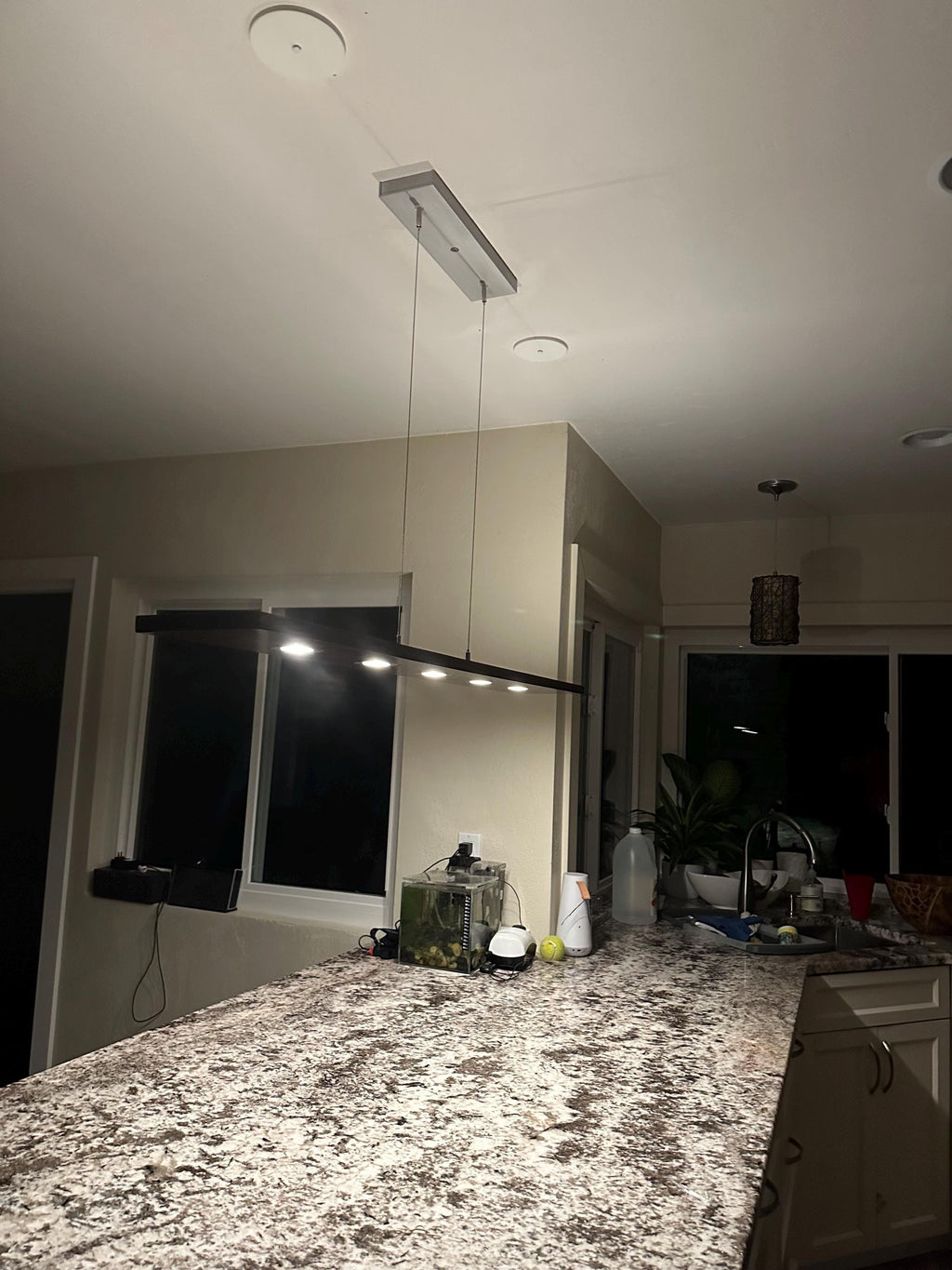 48 Inch Linear Chandelier: Dark Walnut & Brushed Aluminum Suspension Light