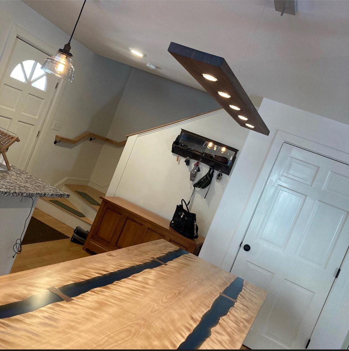 48 Inch Linear Chandelier: Dark Walnut & Brushed Aluminum Suspension Light
