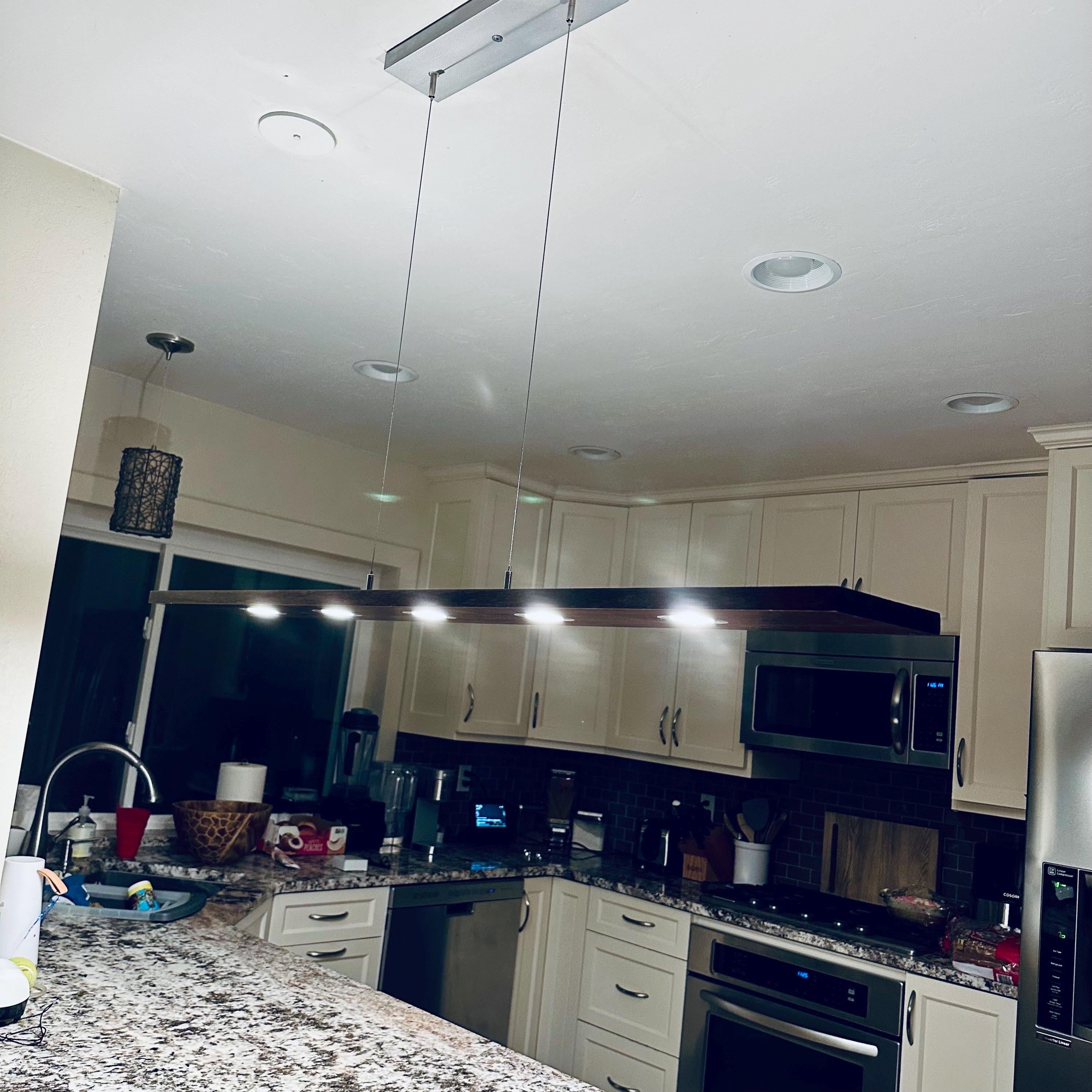 48 Inch Linear Chandelier: Dark Walnut & Brushed Aluminum Suspension Light
