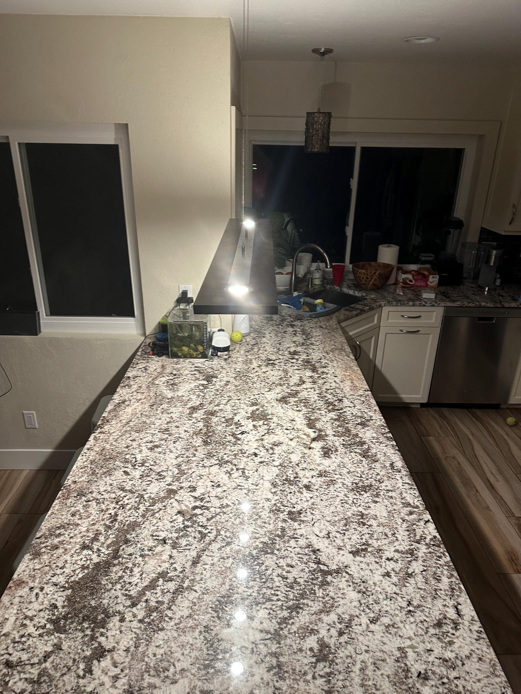 48 Inch Linear Chandelier: Dark Walnut & Brushed Aluminum Suspension Light